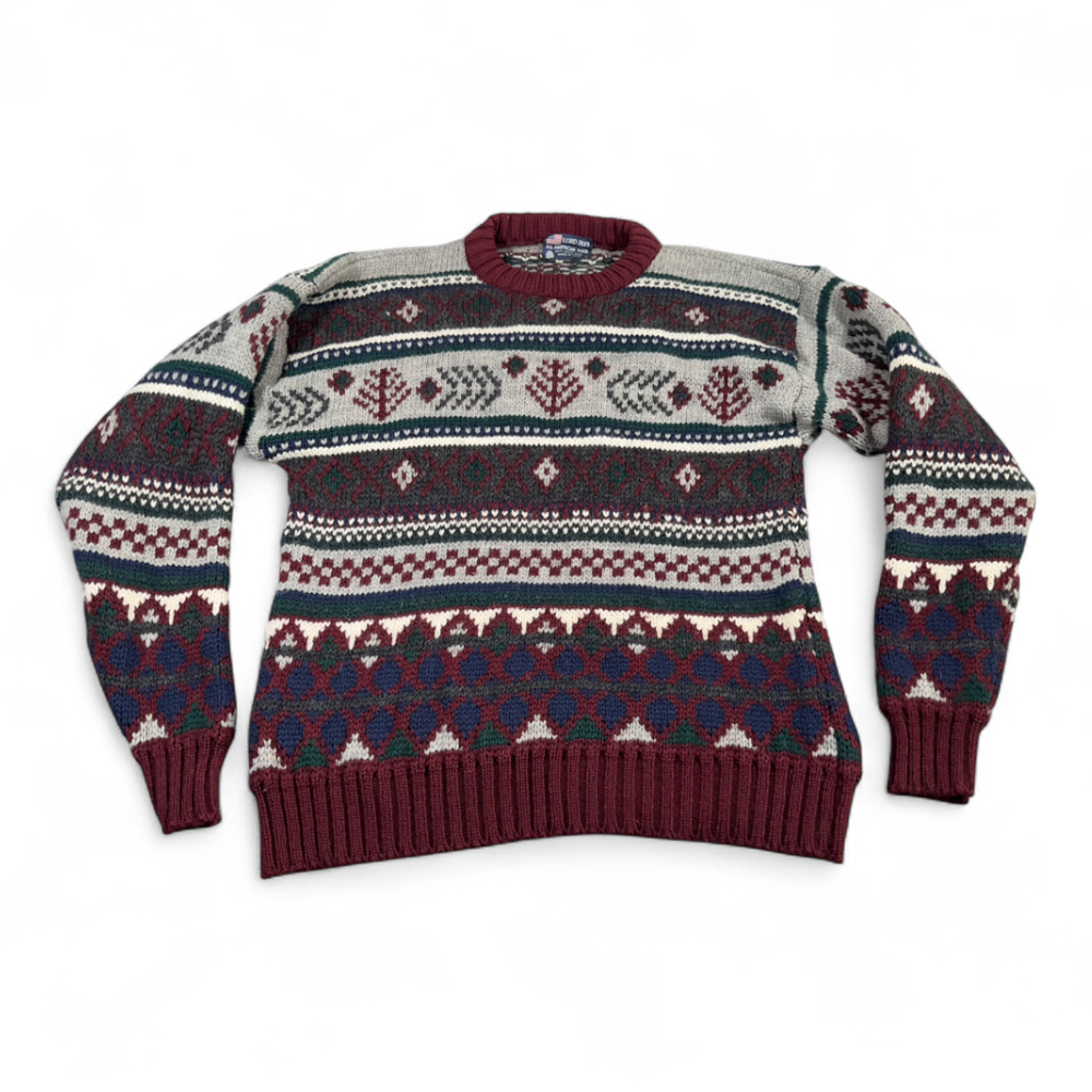 Vintage Lord Jeff Sweater Adult MEDIUM Red Gray Wool Fair Isle Chunky USA 80s